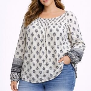 Old Navy Women's 3X Long-Sleeve White Peasant Printed Poet Swing Blouse/Top